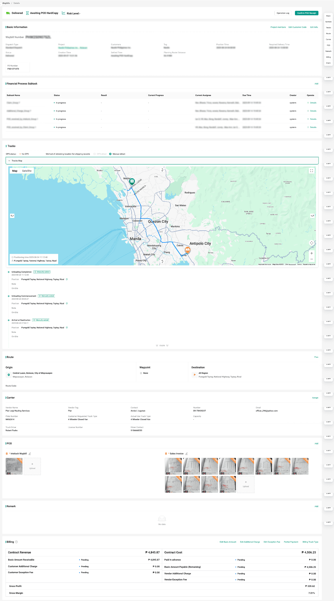Inteluck TMS waybill, route tracking and billing interface