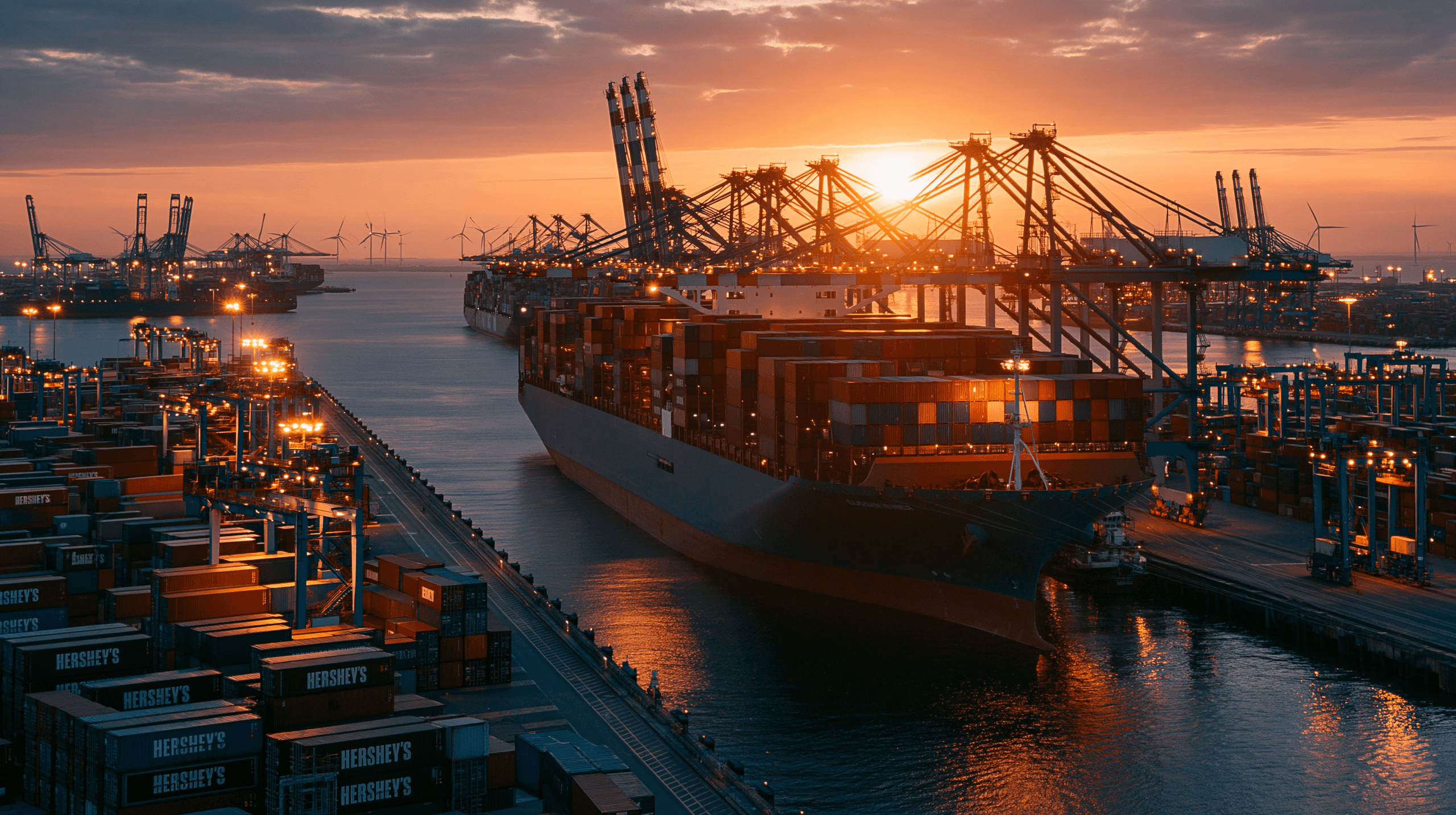 Container ship entering a global cargo terminal at sunset