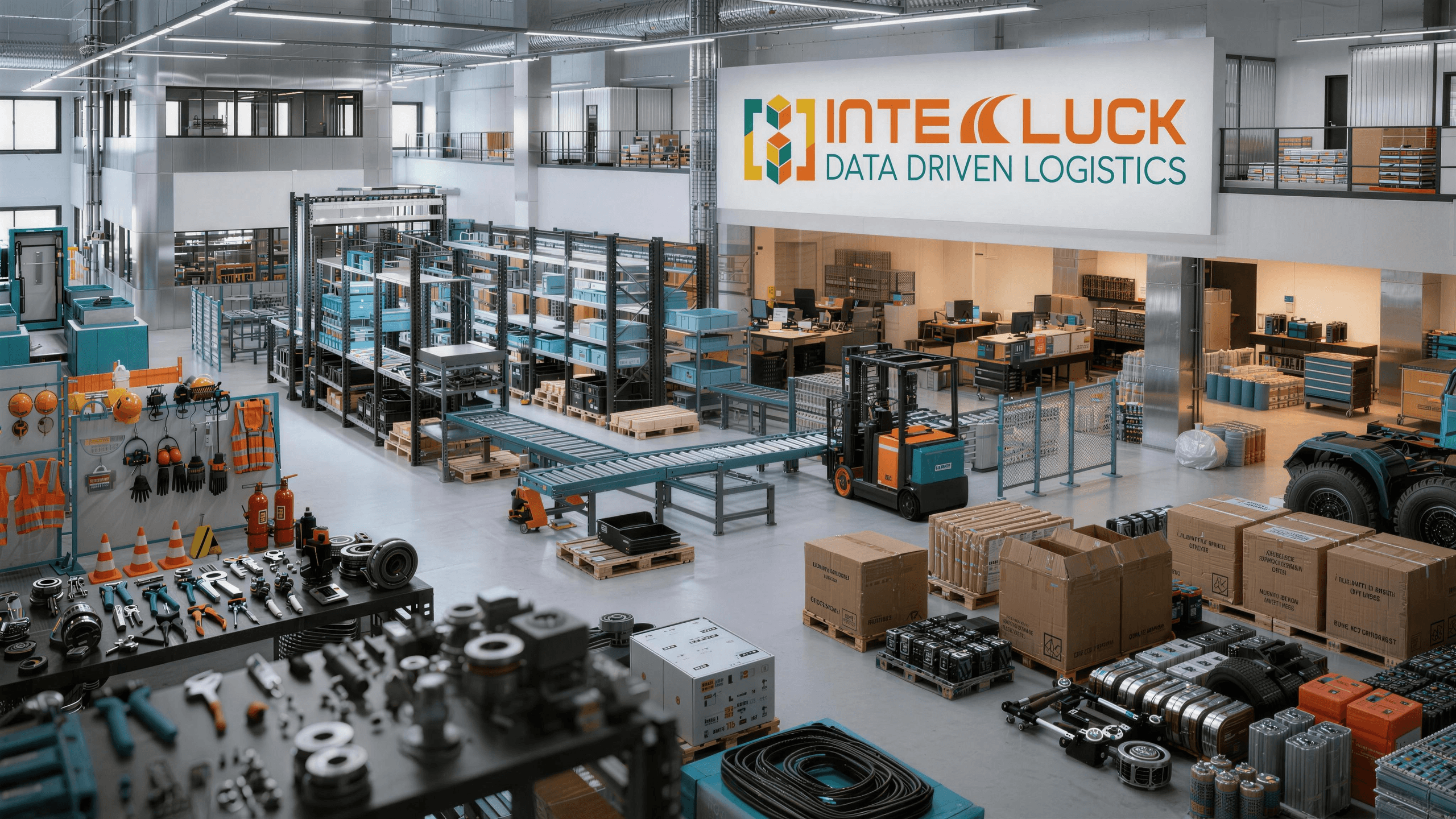 A bright industrial procurement center displaying a broad range of equipment and supplies