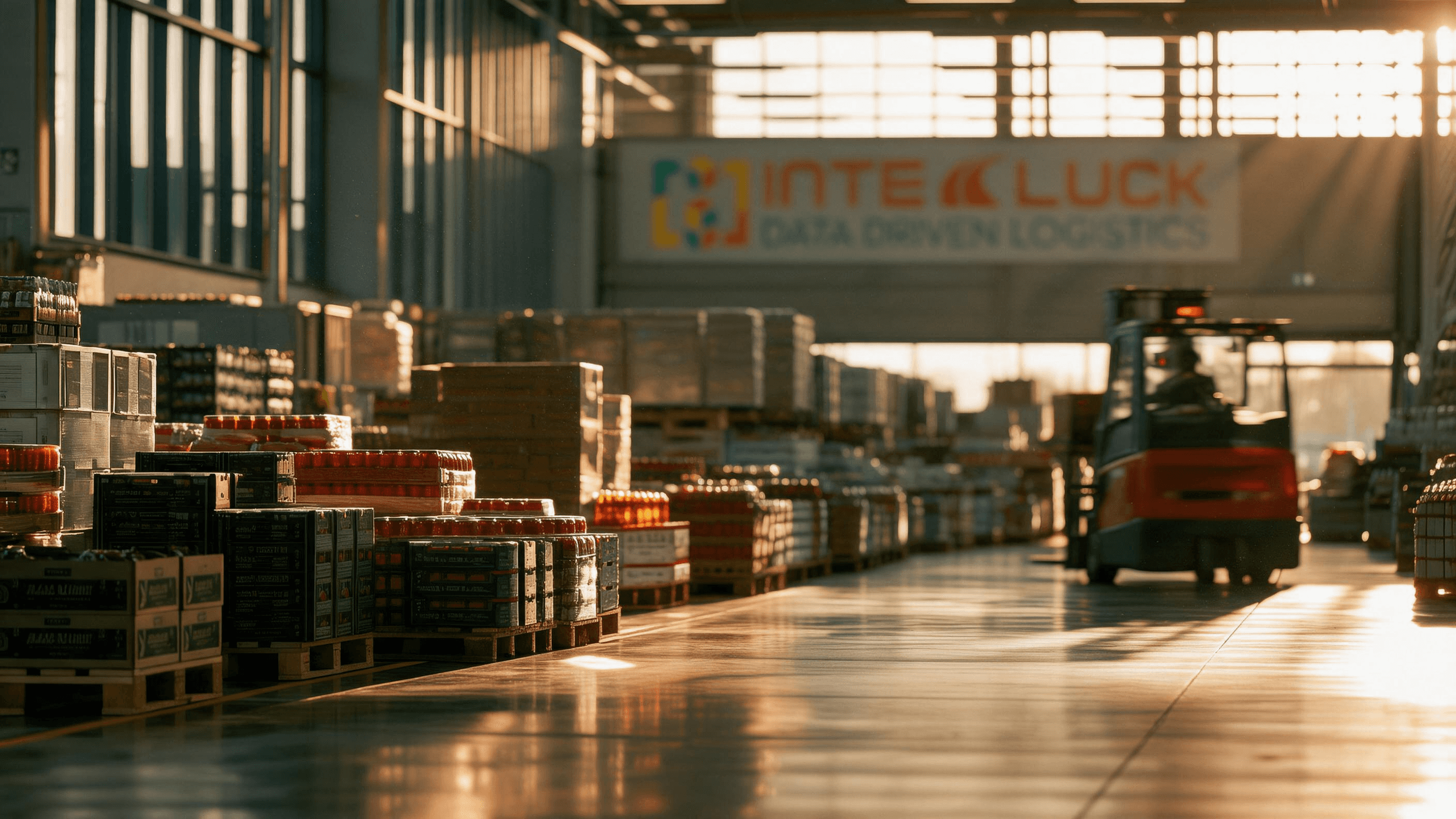 Forklift moving inventory through a sunlit warehouse